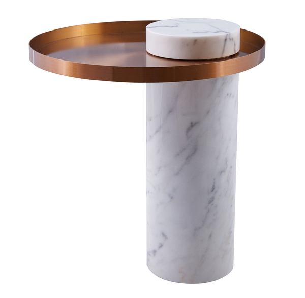 Coffee table COLUMN white marble stone + copper 55 cm